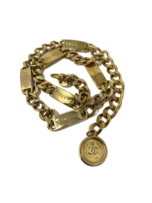 Chanel Size S Gold Vintage Logo Nameplate & Medallion Chain Link Belt