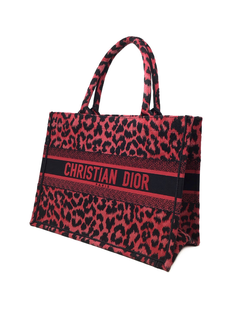 Christian Dior Red/Black MD 'Book Tote' Leopard Embroidered Bag