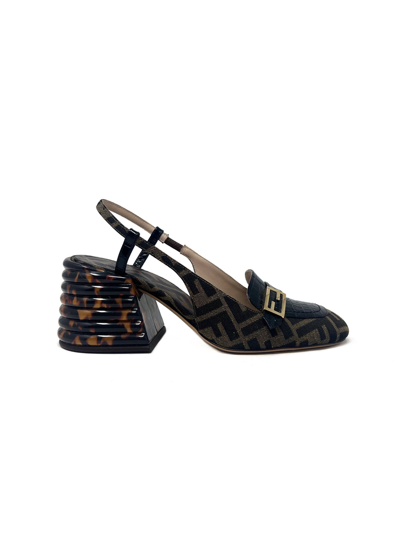 Fendi W Shoe Size 38.5 WB! 'Promenade' Zucca Monogram Block Heel Slingbacks