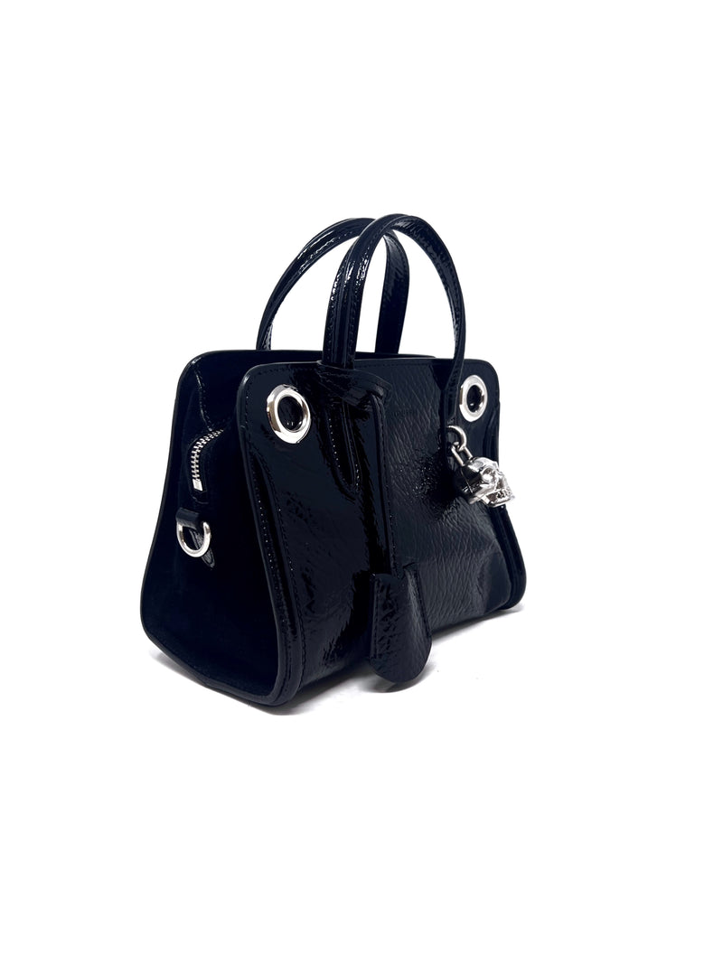 Alexander McQueen Black Silver SM Patent Grommet Skull Padlock Tote The Little Bird