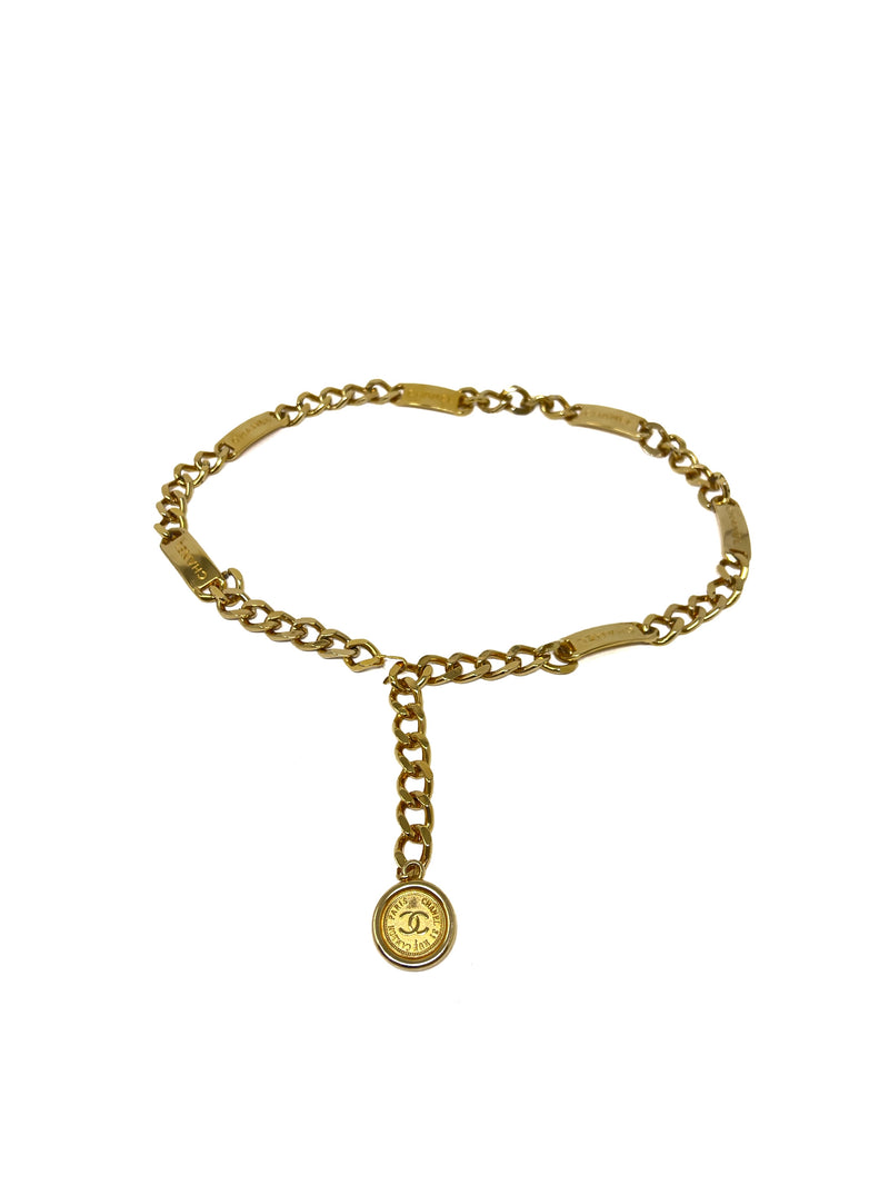 Chanel Size S Gold Vintage Logo Nameplate Medallion Chain Link Belt