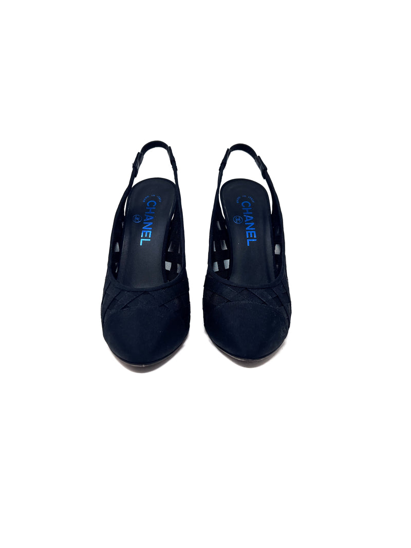 Chanel W Shoe Size 37.5 '19 CC Mesh & Grosgrain Cap Toe Slingbacks