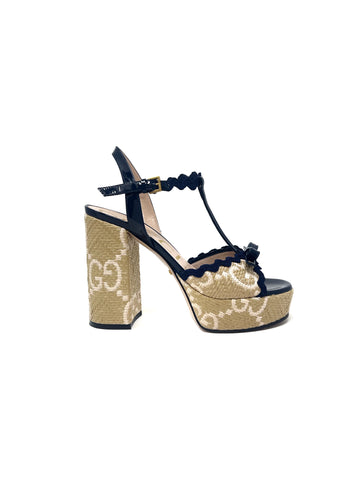 Gucci W Shoe Size 37 'Kertu' Patent-Trimmed Raffia-Jacquard GG