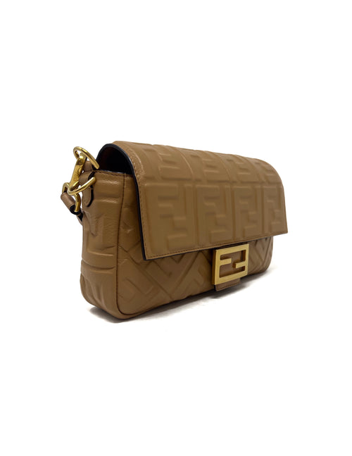 Fendi Camel/Gold WDB! 'Baguette' MD Textured Embossed FF Motif Flap Bag