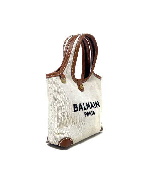 Balmain Luggage/Natural 'B-Army' Logo Canvas Mini Grocery Bag