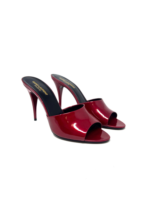 Saint Laurent Cherry 'Romy' Patent Almond Peep Toe Heel Mules