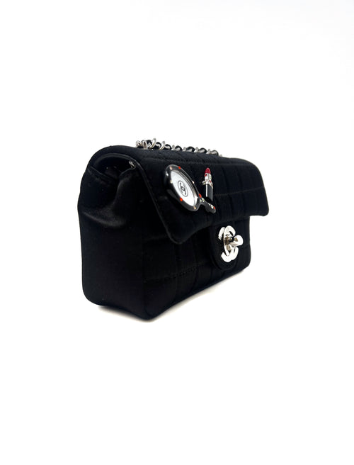 Chanel Black/Silver WB! '04-05 Mirror & Lipstick Satin Micro Flap Bag