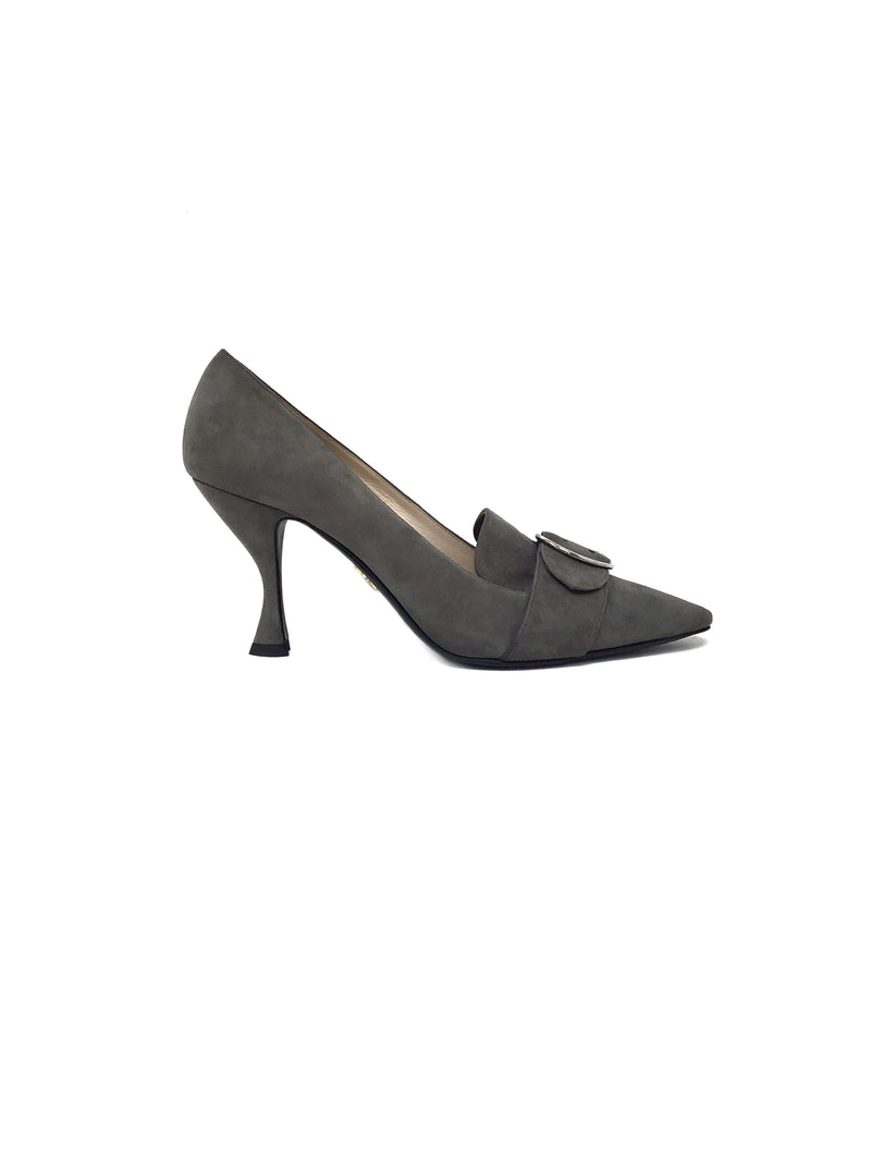 Prada 40.5 Grey Suede Leather Buckle Pointed Toe Pumps