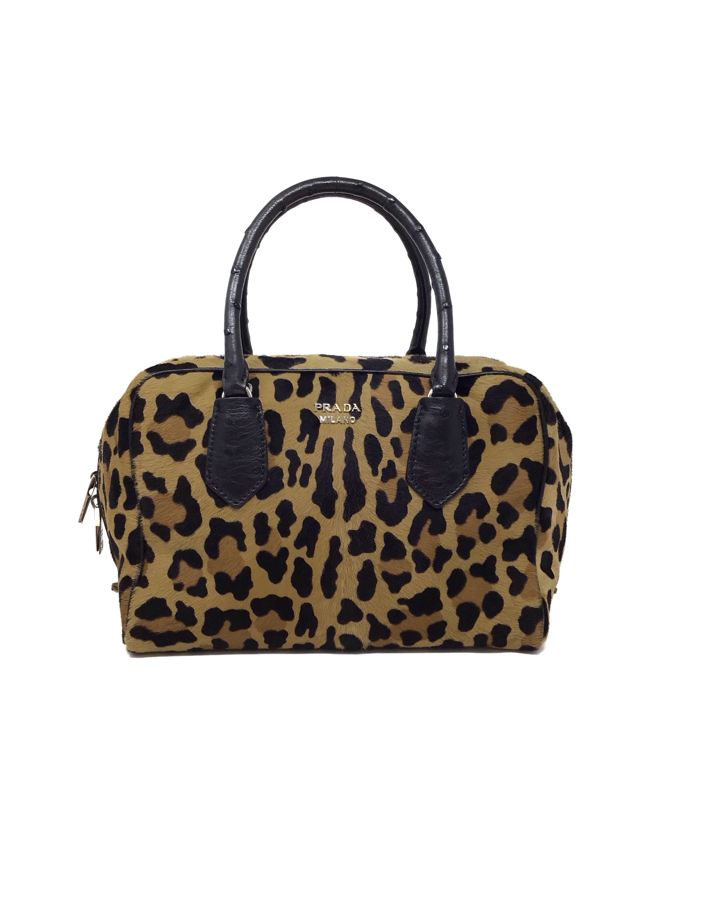 Prada Leopard Calf Hair Ostrich Handle Bauletto Bag W Strap