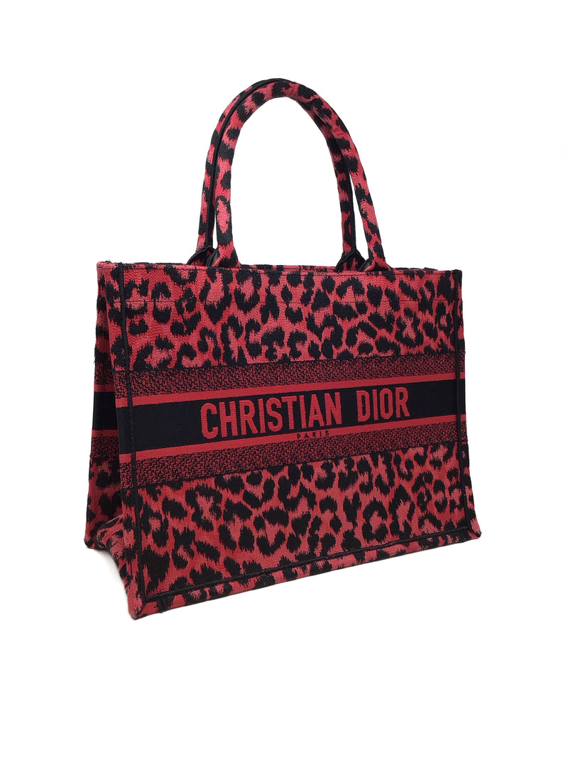 Christian Dior Red/Black MD 'Book Tote' Leopard Embroidered Bag