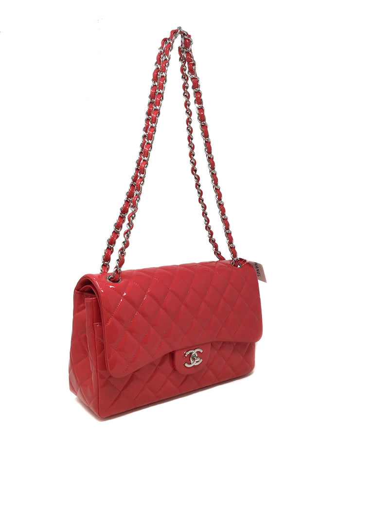Chanel Coral/Silver NWB! '16C LG Patent Quilted Double Flap Bag
