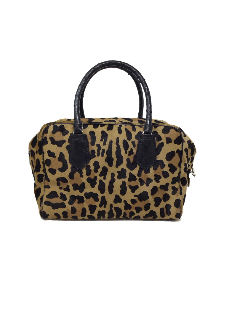 Prada Leopard Calf Hair & Ostrich Handle Bauletto Bag W/Strap