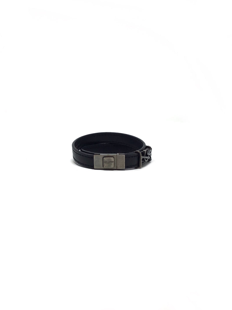 Saint Laurent Black/Gun Metal Logo Leather Wrap Bracelet