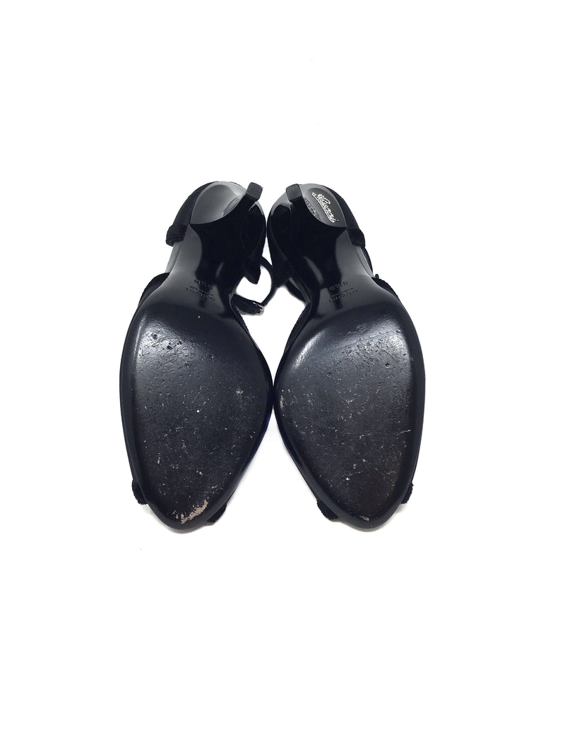 Gucci W Shoe Size 9.5 Rhinestone Logo Velvet Trim Crossover Peep Toe Heels