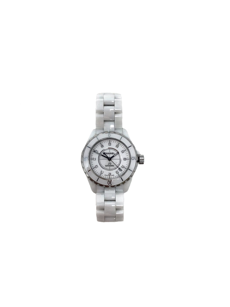Chanel White 'J12' Automatic Ceramic Watch W/Diamonds